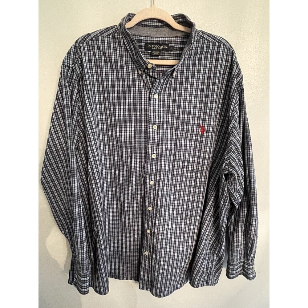 💙U.S. Polo Assn Men's Sz 2XL Long Sleeve Plaid Shirt Button Down Blue Checkered